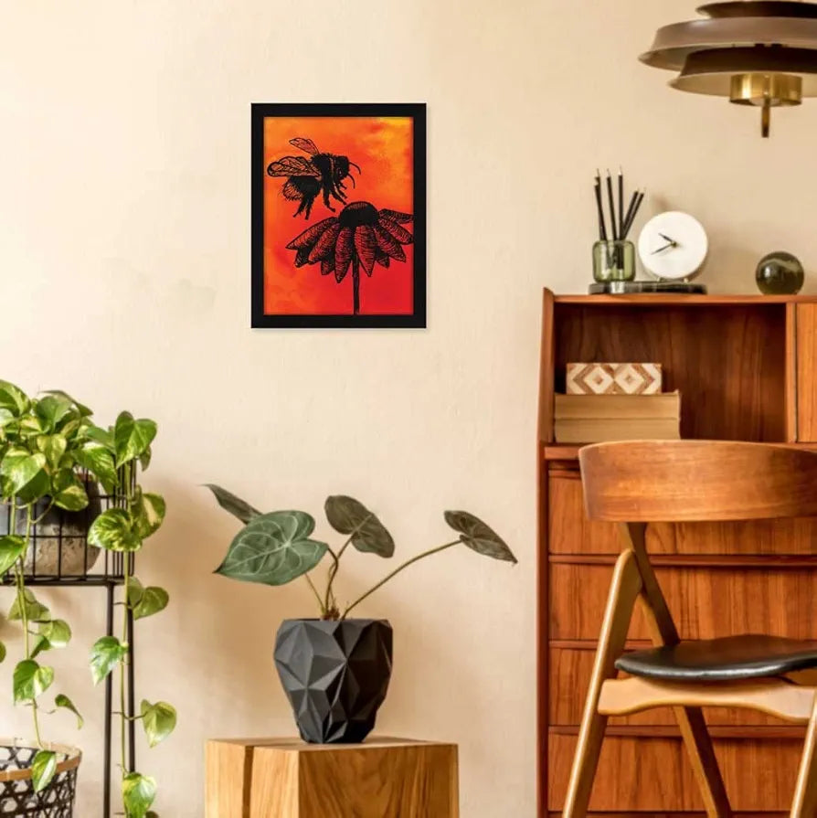 ArtX Paper Line Art Bee Sunflower Frame Wall Art Painting