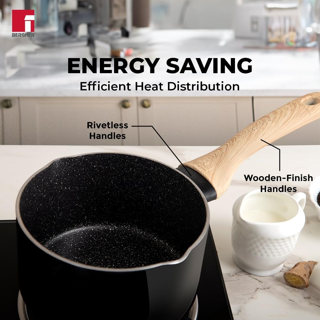 Bergner Bellini Plus Aura 5-layer Non-stick 16 Cm Saucepan, 1.8 Litres Sauce Pan With Soft Touch Wooden Finish Handle