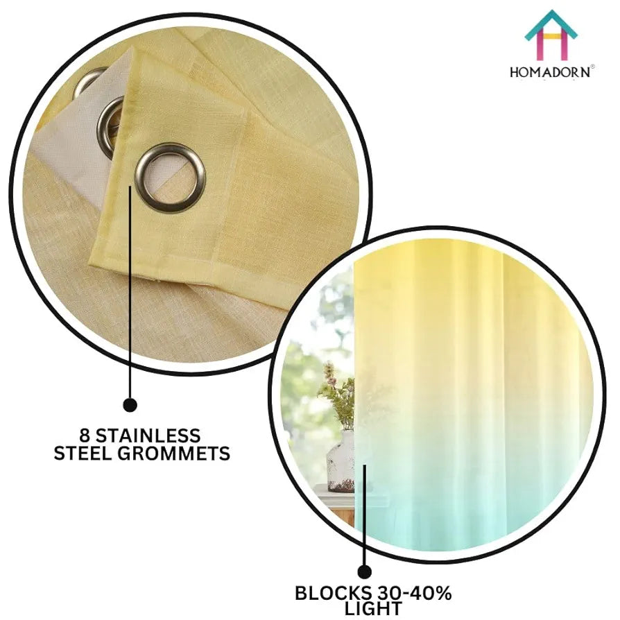 Homadorn Ombre Printed Linen Textured Sheer Curtains Yellow + Sky