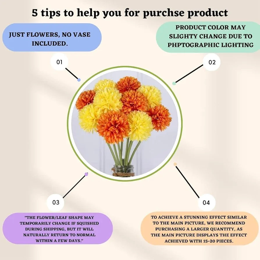 Artificial Chrysanthemum Hydrangea Ball Flower Sticks Yellow Orange