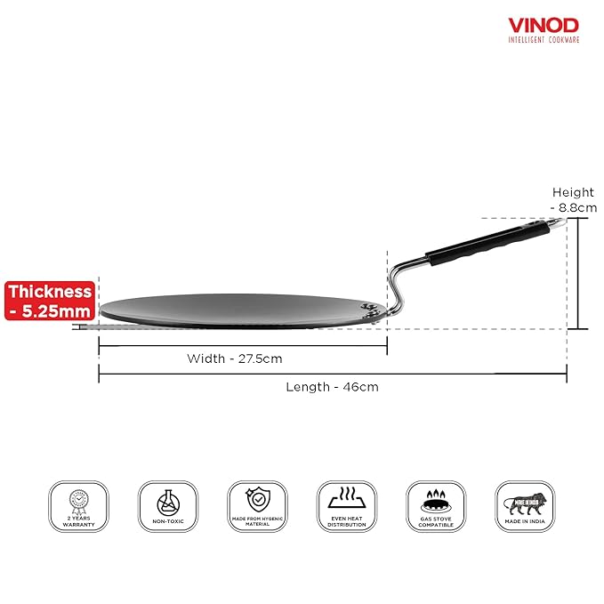 Vinod Black Pearl Hard Anodised Tawa - 28 Cm | 5.25mm Thickness | Metal Spoon Friendly | Riveted Sturdy Handle | Long Lasting Roti, Paratha Tawa