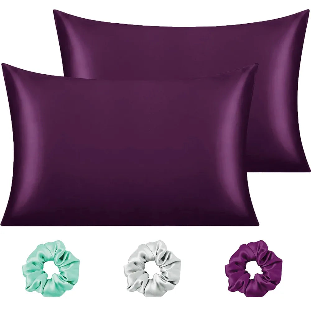 Cloth Fusion Satin Pillow Cover Set of 2 Perfect Pillow case with 3 Satin Soft Scrunchies for Women Solid 400 TC Wine
