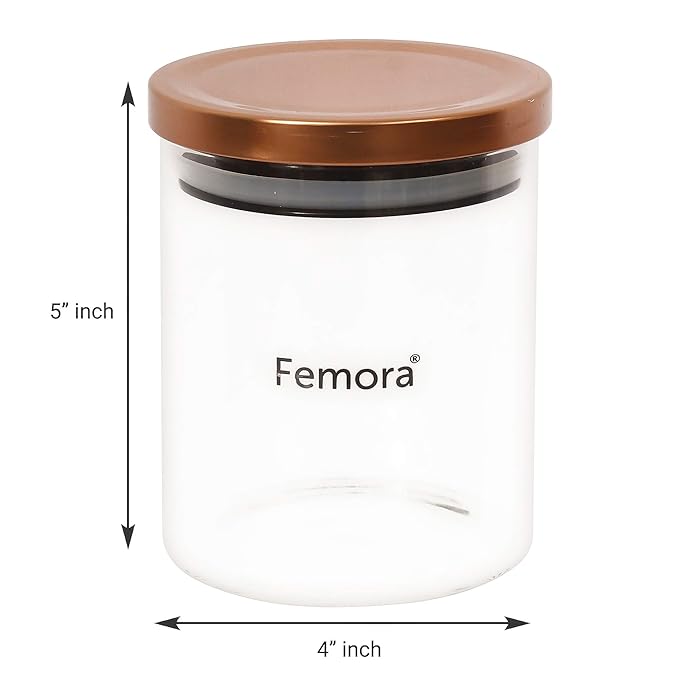 Femora Borosilicate Glass Jar With Golden Metallic Lid | Jars for Kitchen Storage  | 600 Ml | Set of 2