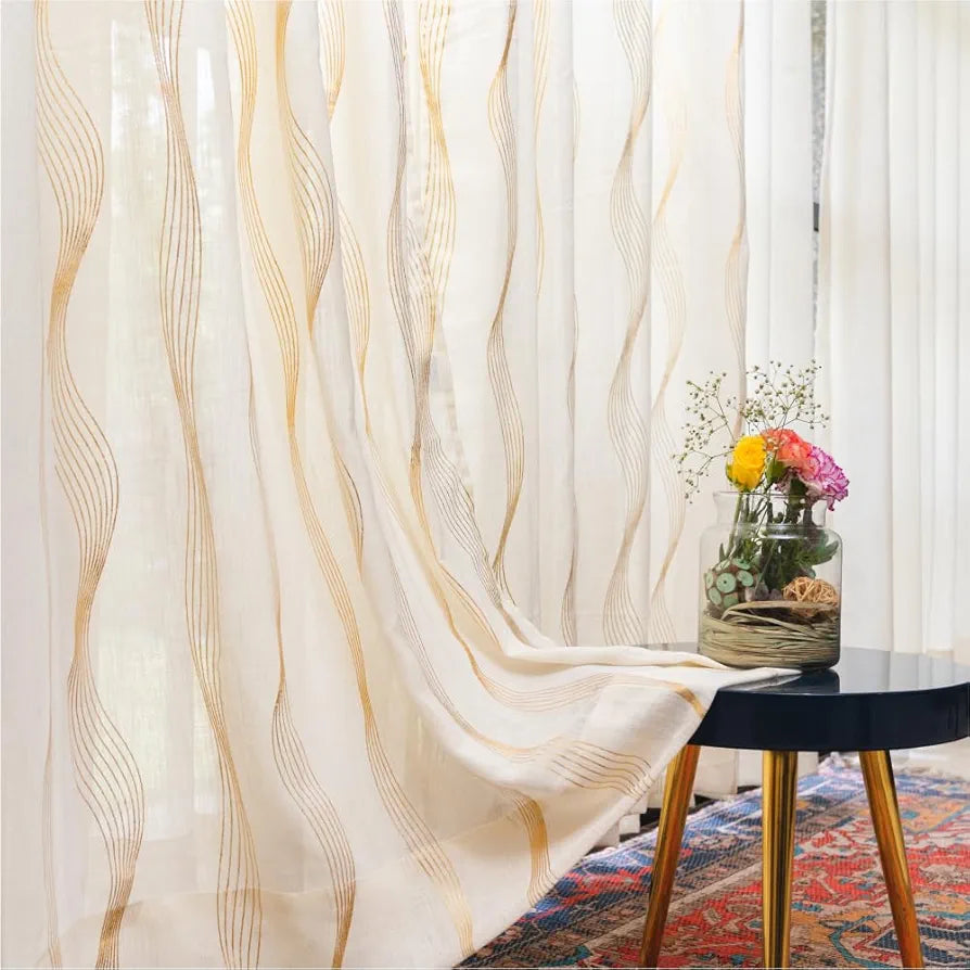 Urban Space Linen Textured Metallic Gold Foil Sheer Curtains for Door Room Darkening Set of 2 Decorative Curtains with Tieback and Eyelets Sheer Double Wave Butter Cream Colour