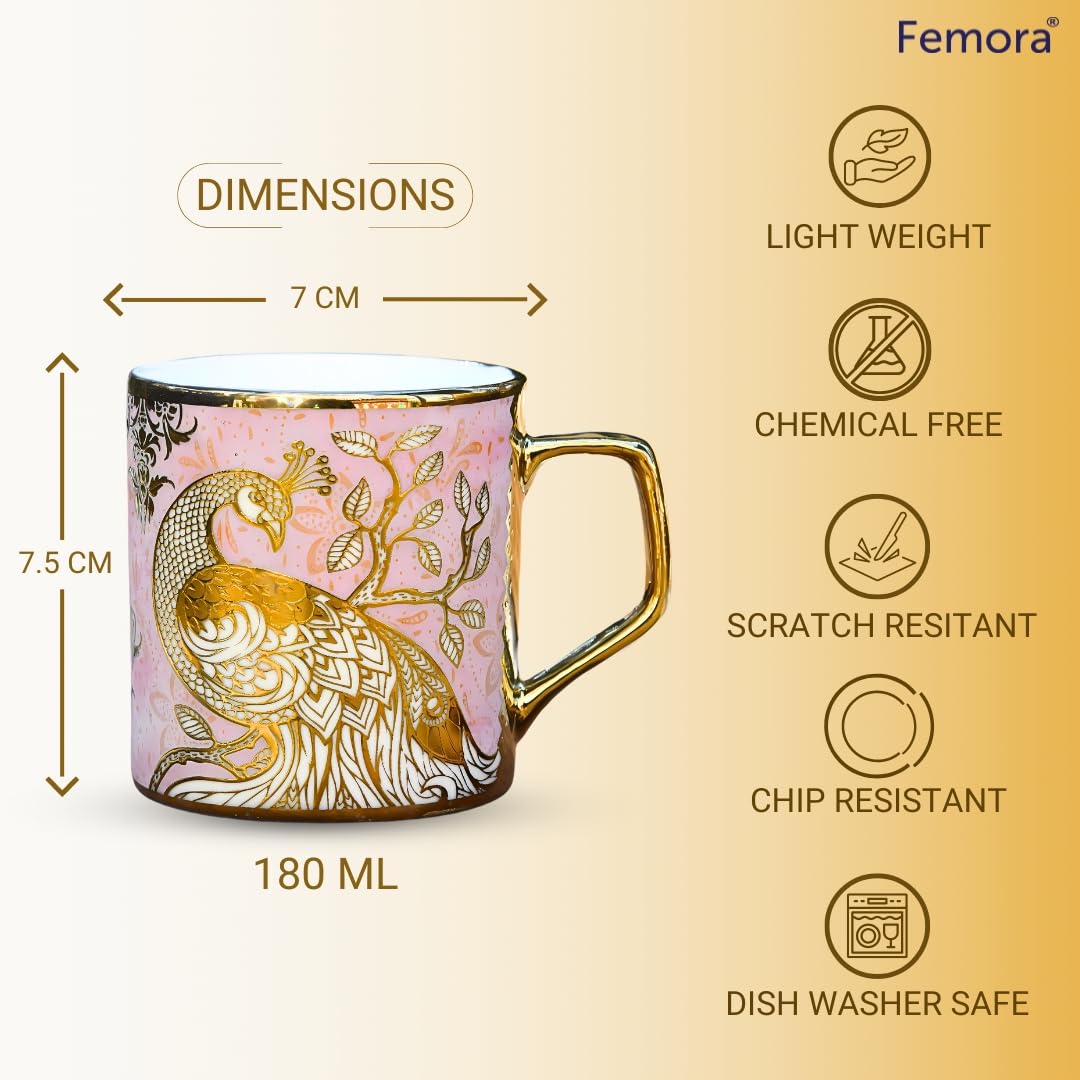Femora Premium Pink Peacock Pattern Golden Ceramic Coffee & Tea Cup Set of 6 | 180 Ml | Pink