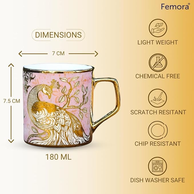 Femora Premium Pink Peacock Pattern Golden Ceramic Coffee & Tea Cup Set of 6 | 180 Ml | Pink