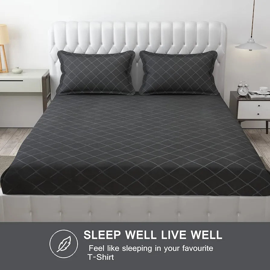 Fresh From Loom Microfiber King Size Double Geometric Bedsheet Hypoallergenic Wrinkle Free Bed Sheets with 2 Pillow Covers 144 TC Grey Barfi