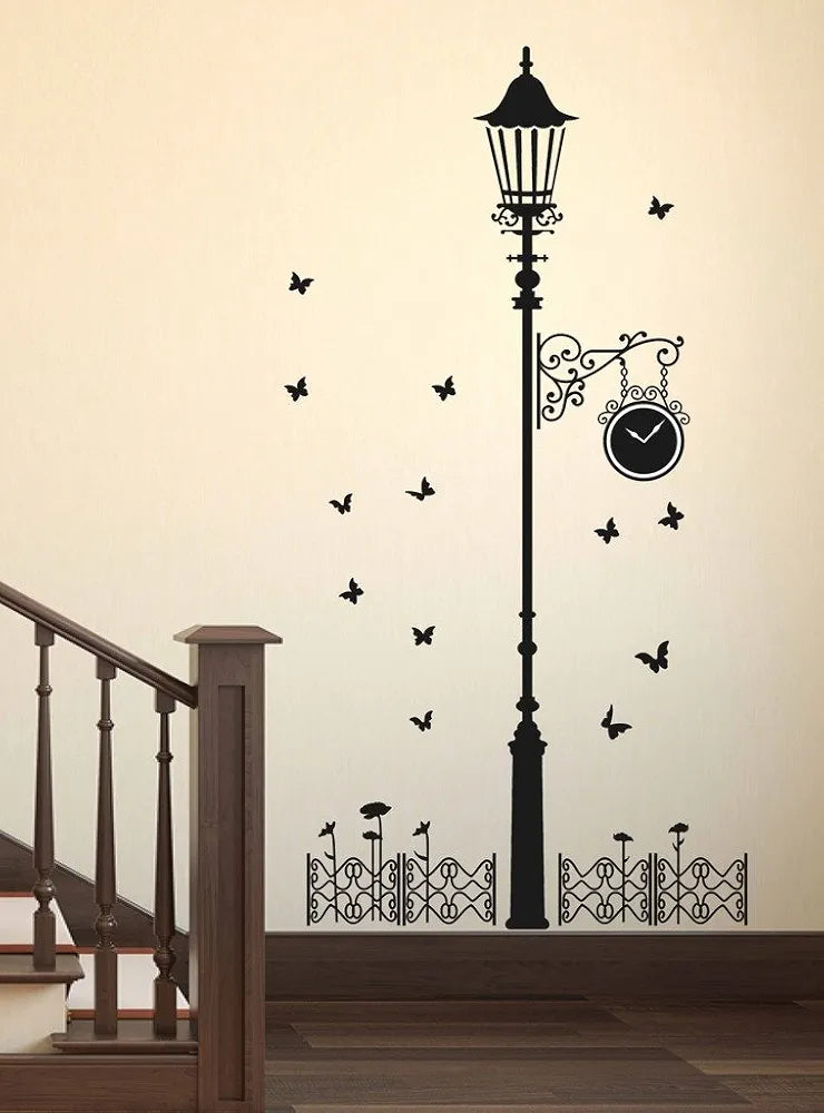 Decals Design Black Antique Street Lamp with Butterflies Wall Sticker