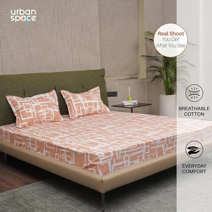 Urban Space Serene Bedsheet for Double Bed 2 Pillow Covers (Colour Checkers Peach)