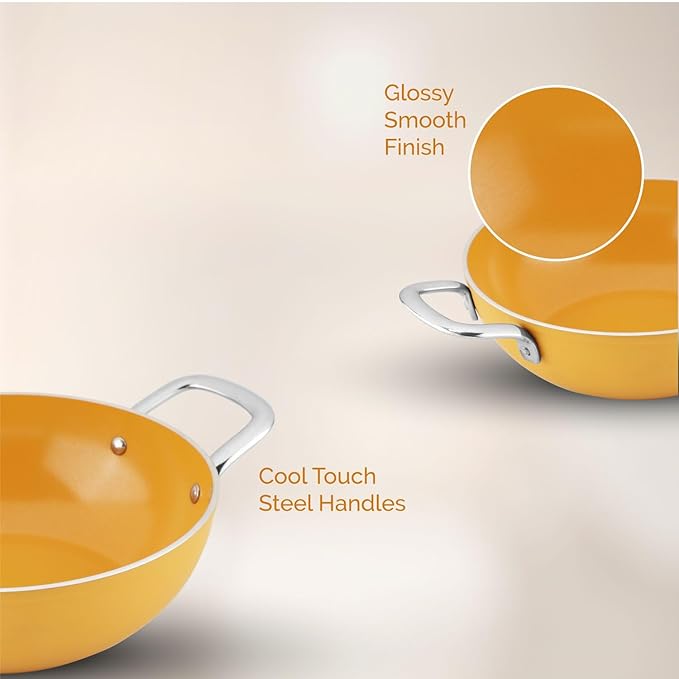 Salford Forged Ceramic Non-stick Kadai With Glass Lid & Tubular Ss Handle | Mustard Yellow | 240mm | 2.5 Litre