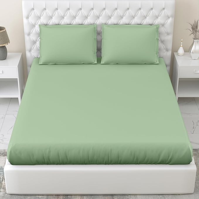Haus & kinder Cotton Elastic Solid Fitted Bedsheet King Size 2 Pillow Covers colour Olive