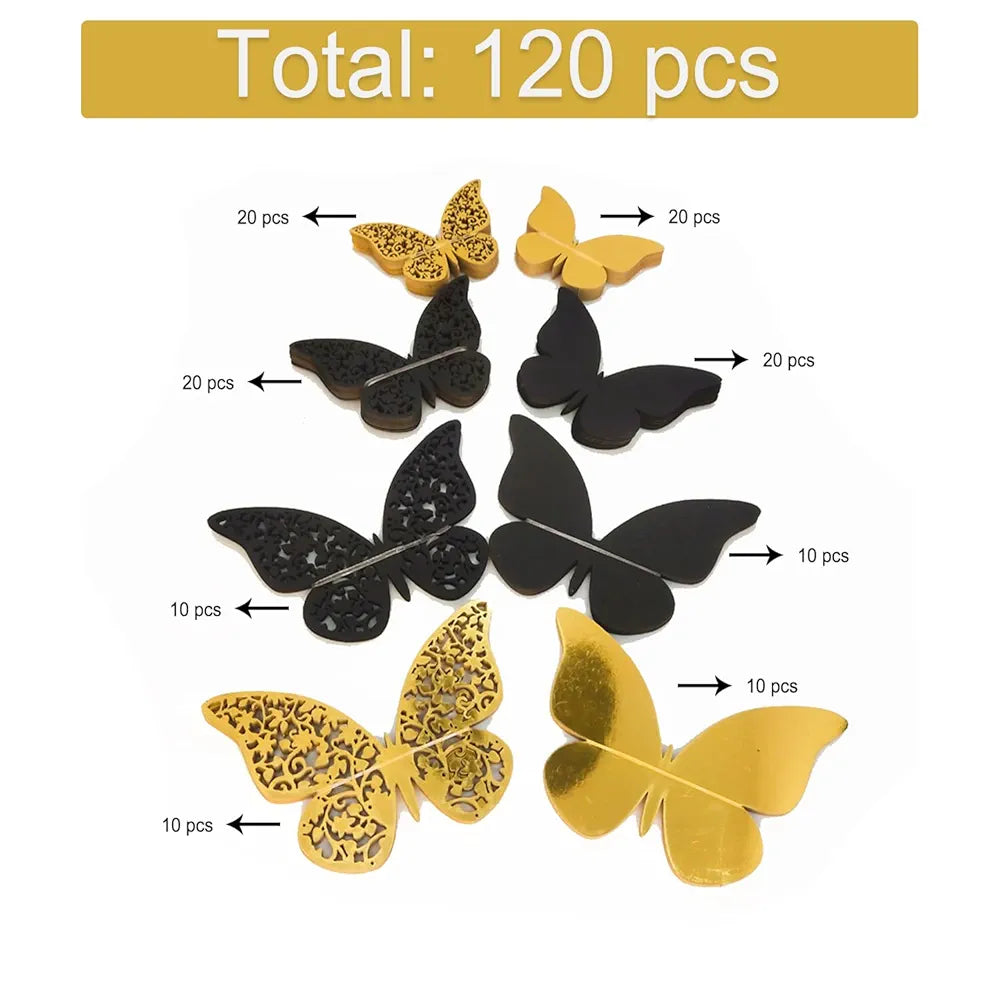 Xtore 120 Pcs Stunning 3D Black and Golden Butterfly Wall Decor Self-Adhesive