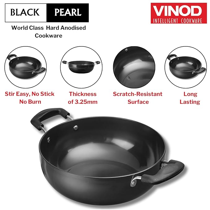 Vinod Black Pearl Hard Anodised Deep Kadai 1.6 litres Capacity (18 cm Diameter), with Riveted Sturdy Handles - 3.25 mm Thickness