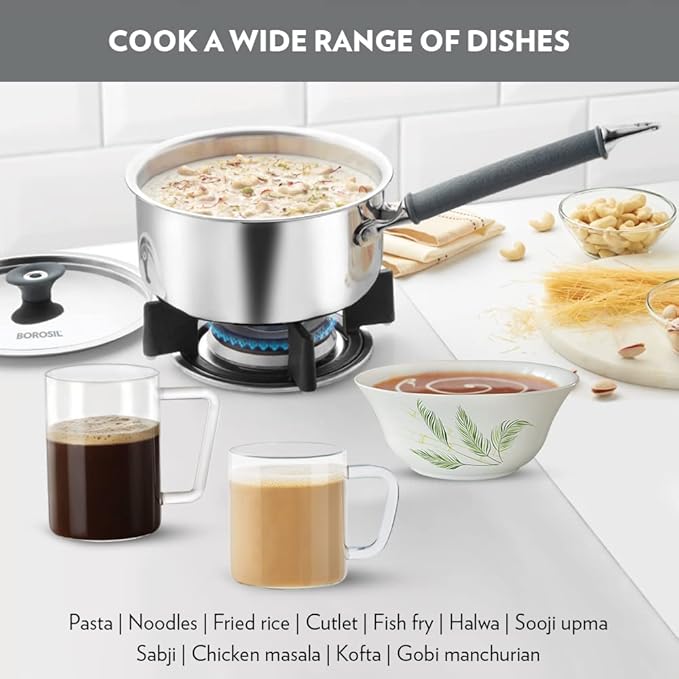 Borosil Cookfresh Tri-ply Stainless Steel Sauce Pan With Lid | Induction Friendly Tea Pan | 2.2 L | 18 Cm