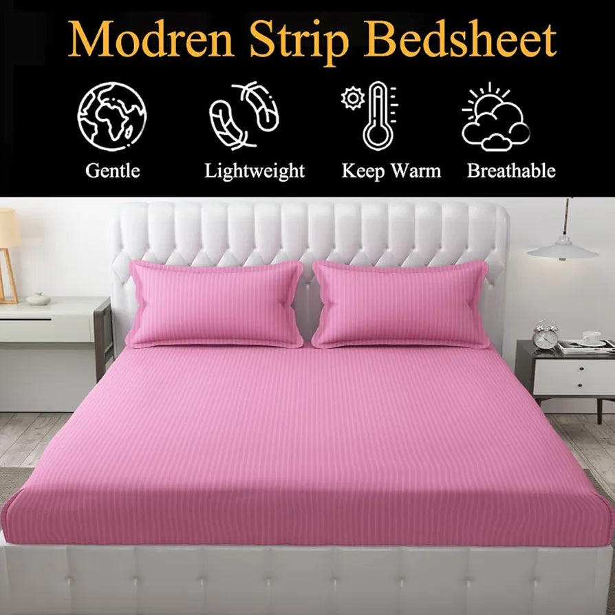 Fresh From Loom Breathable King Size Flat Striped Bedsheets Hotel & Home Double Bedsheet Set With 2 Pillow Covers 144 Tc Pink