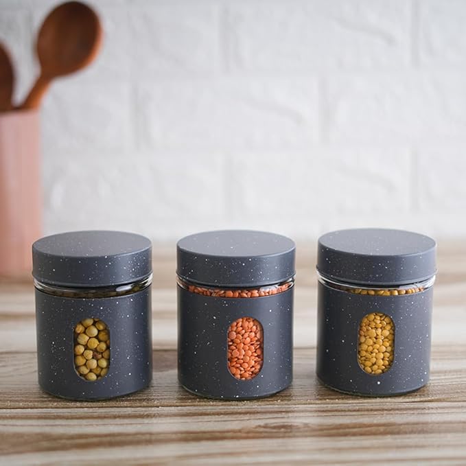 Femora Carbon Steel Jar for Kitchen Storage With Clear Glass Window and Carbon Steel Lid | 300 Ml | 6 Pieces Set | Blue- Green