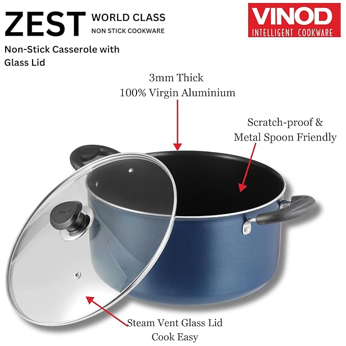Vinod Zest Aluminium Non Stick Saucepot with Glass Lid - 3.1 Litre, 20 cm | 3 mm Extra Thick | 3 Layer Coating