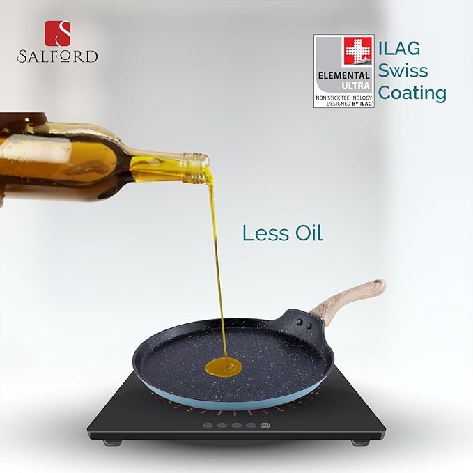 Salford by Ucook Forged Non-stick Tawa With Soft Touch Wooden Handle, Induction & Gas Ready | Black Spatter Dusty Blue | 260mm