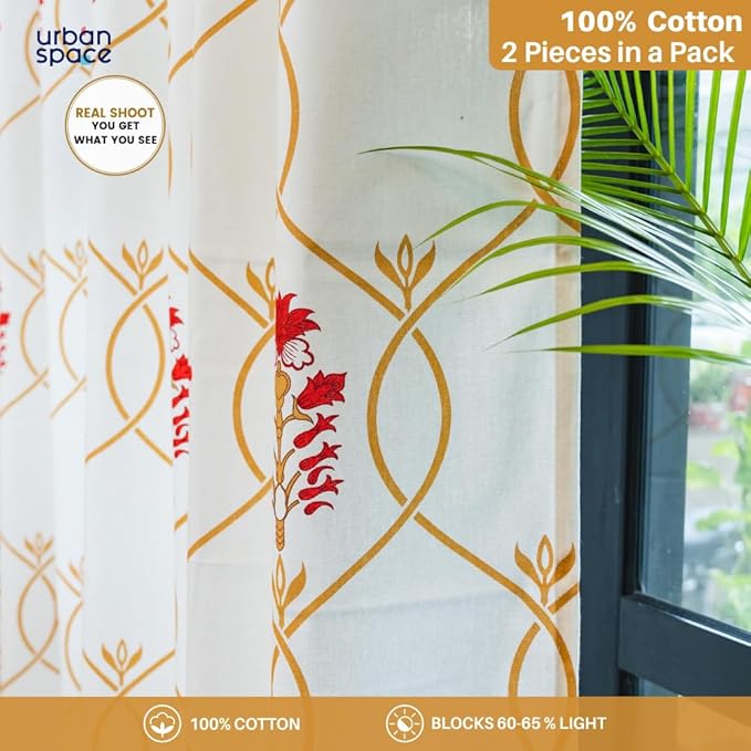 Urban Space Cotton Semi Sheer Curtains for Door Set of 2 with Eyelets and Tieback(Colour Floral Ripples Red & Brown)