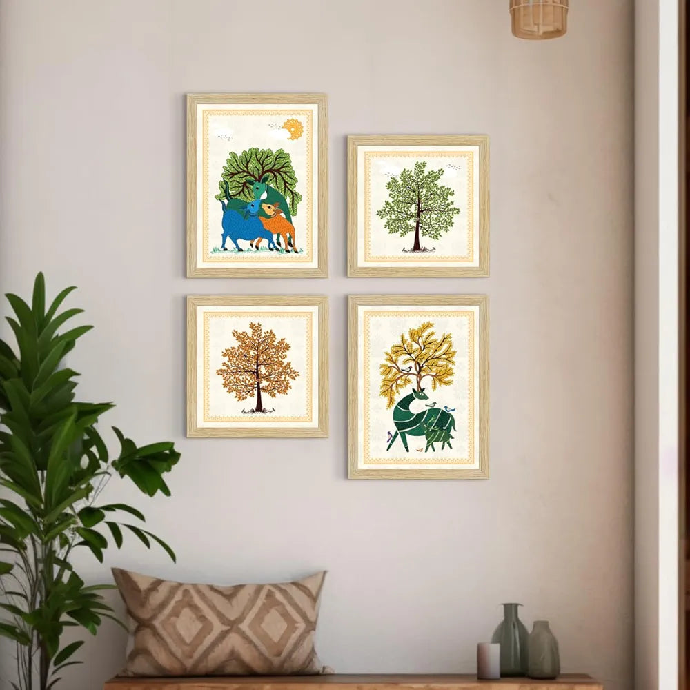 ArtX Paper Gond Art Paintings with Frame Gond-SO4-01 Set of 4