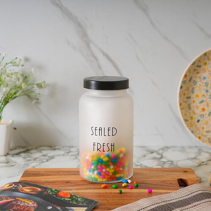 Femora Kitchen Storage Jars Frosted Glass Jar With Steel Lid Air Tight Jar | 1500 Ml | Pack of 6 | Black Lid