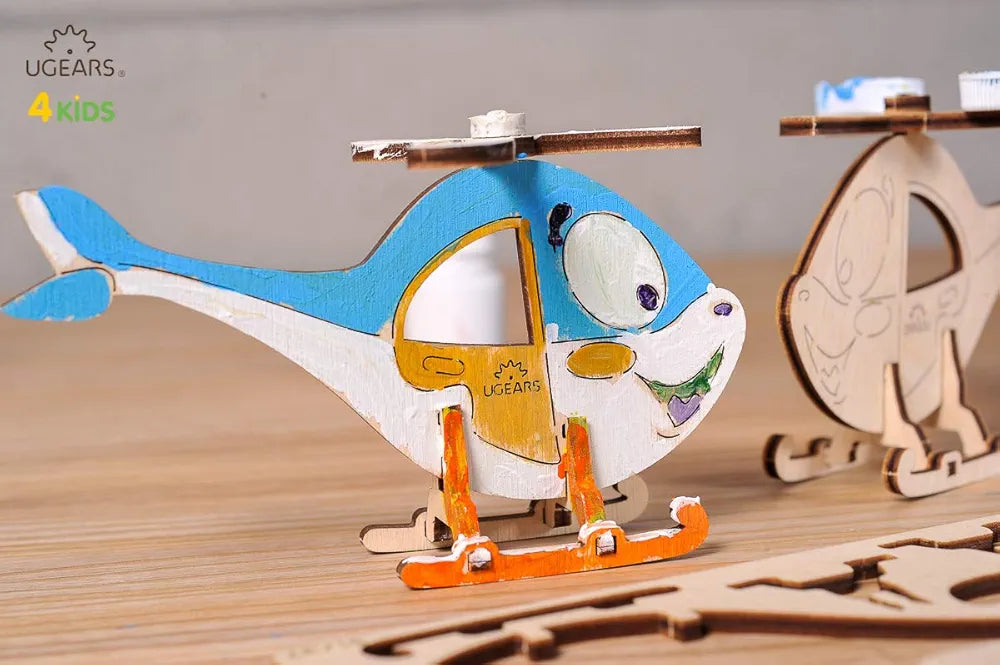 UGEARS Helicopter - 3D Wooden Jigsaw Puzzle - Coloring Kit - STEAM Learning Brain Game for Kids, Ages 5+, 8 Pieces