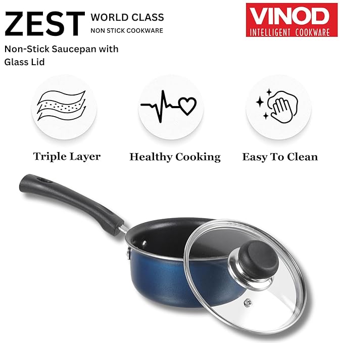 Vinod Zest Aluminium Non Stick Saucepan with Glass Lid - 1.6 Litre, 16cm | Milk/Tea Pan | Sauce Pot with Lid | 3mm Thick | 3 Layer Coating