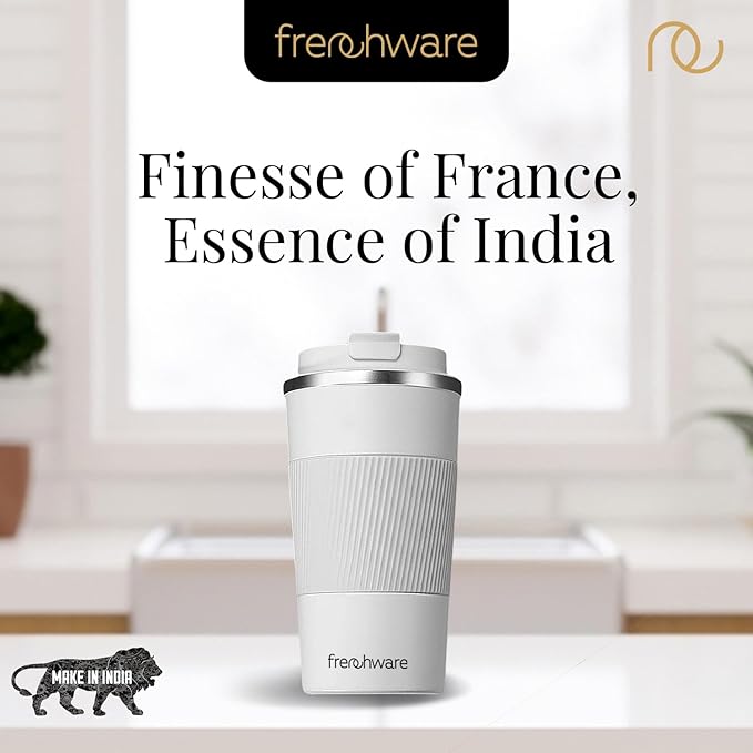 Frenchware Coffee Mug | 510 Ml | Tumbler, Flask for Tea Coffee, Insulated Coffee Mug | Coffee Mug With Leakproof Lid | White