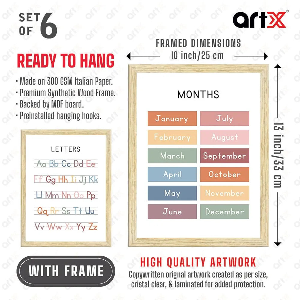 ArtX Paper Educational-01 Alphabets Numbers Colors Shapes Days Months Framed Wall Posters Kids Room Wall Frame Set Of 6