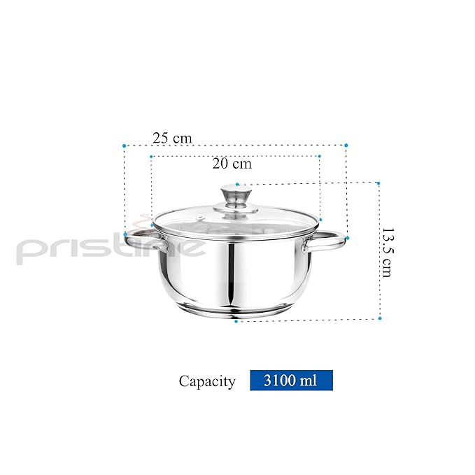 Pristine Tri Ply Sandwich Induction Base Cooking Essential Stainless Steel Casserole with Knob Glass Lid - 1500 gms