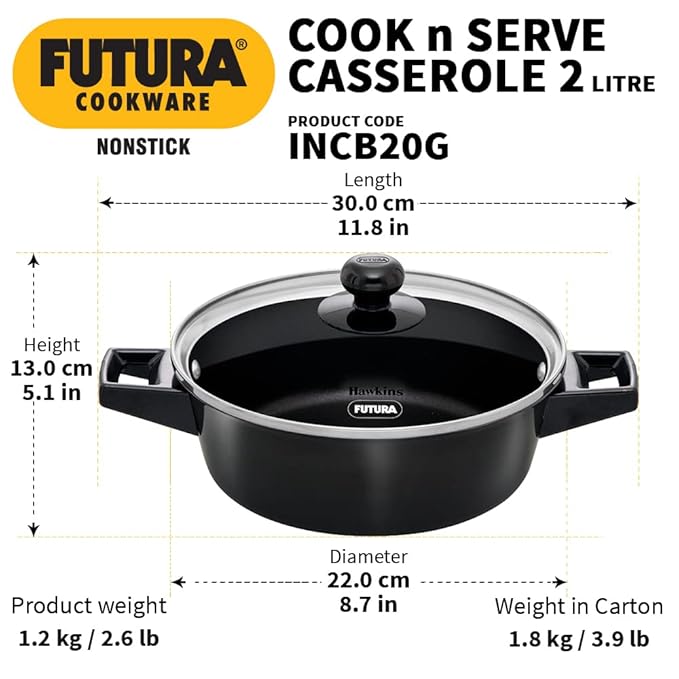 Hawkins Futura 2 litre Cook N Serve Casserole Non Stick Saucepan with Glass Lid