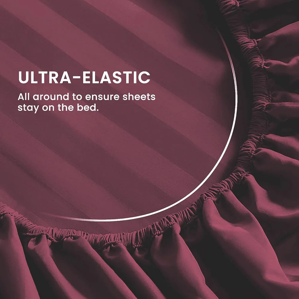 Cloth Fusion Elastic Fitted Glace Cotton Satin Striped Bedsheet Queen Size with 2 Pillow Covers Wine