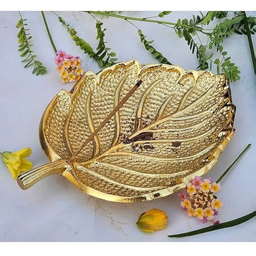 Pure Source India Leaf Design Aluminium Agarbatti Stand Incense Holder Ashcacher Gold Antique