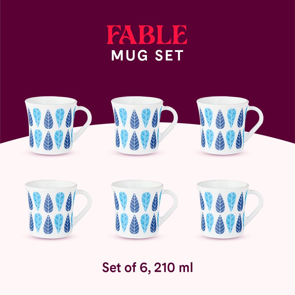 Larah by Borosil Crysta Series Fable Opalware Mug | Set of 6 Tea/coffee Mugs | 210 Ml Each
