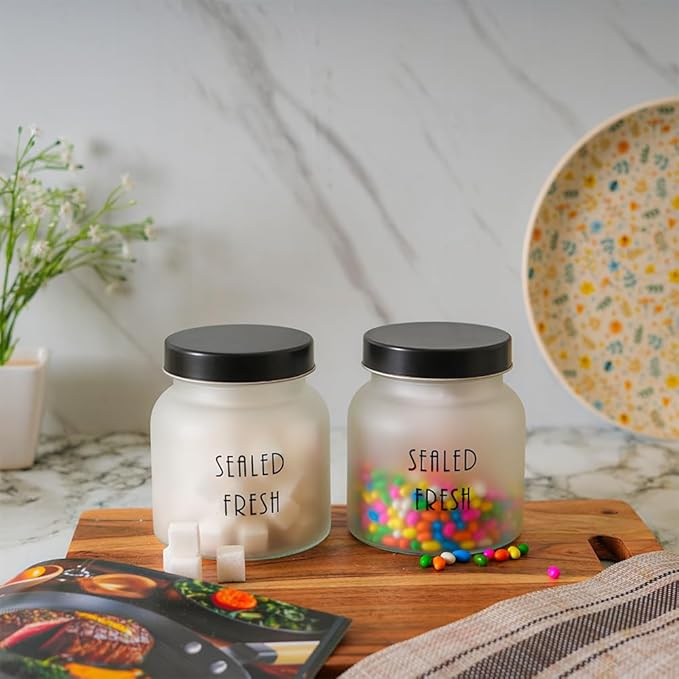 Femora Kitchen Storage Jars Frosted Glass Jar With Steel Lid Air Tight Jar| 700 Ml | Pack of 6 | Black Lid