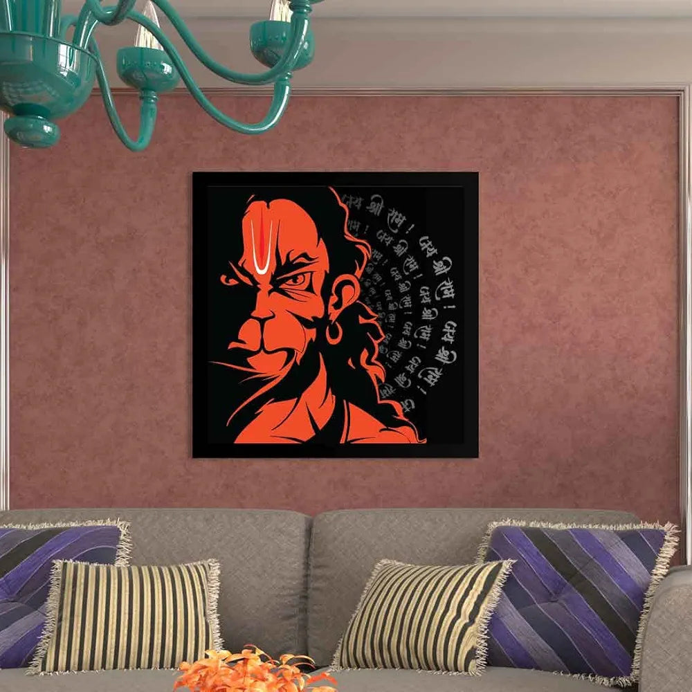 ArtX Hanuman Ji With Mantra Big Canvas Painting For Living Room With Frame Square