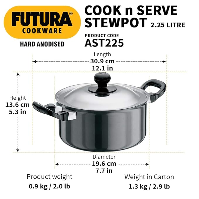 Hawkins Futura 2.25 Litre Cook n Serve Stewpot Hard Anodised Sauce Pan with Stainless Steel Lid