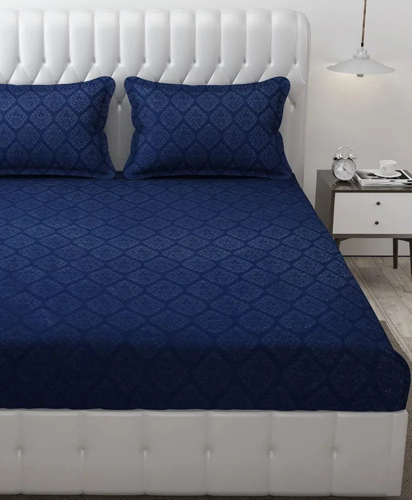 Fresh From Loom Printed Double Bedsheet King Size Microfiber Wrinkle Free With 2 Pillow Covers 144 TC Navy-Blue Damas