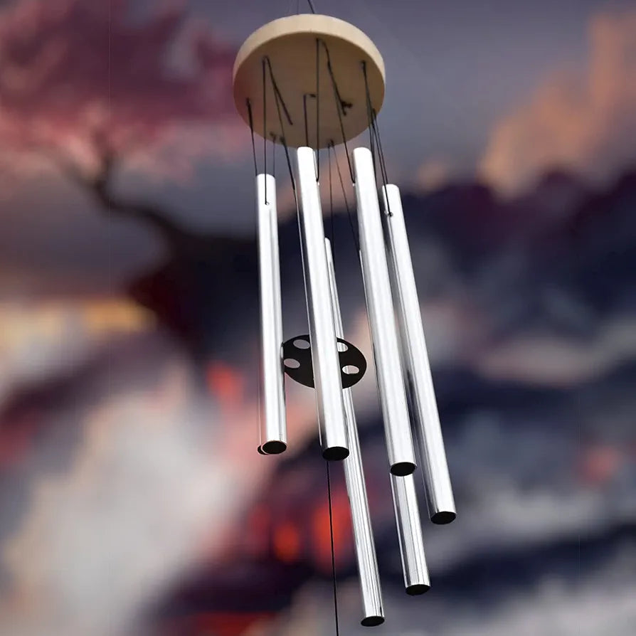 Lilone Wood Aluminum 7 Pipe Silver Wind Chimes Sweet Sound 24 Inch Long