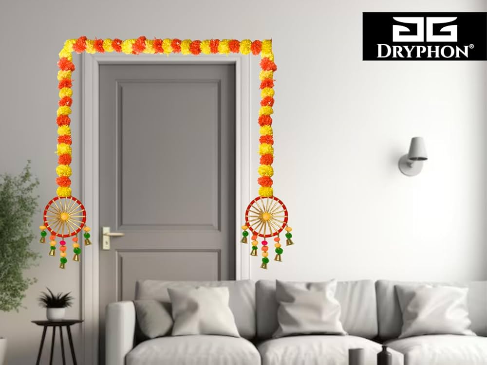 Artificial Marigold Flowers for Decoration with Pom Pom Ring Bell Hanging Garlands Yellow Orange