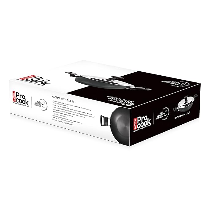 Milton Pro Cook Hard Anodized Kadhai With Stainless Steel Lid, 26 Cm / 3.4 Litre - 1900 gms