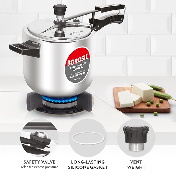 Borosil Triply Induction Base Inner Lid Stainless Steel Pressure Cooker | 5 Litres