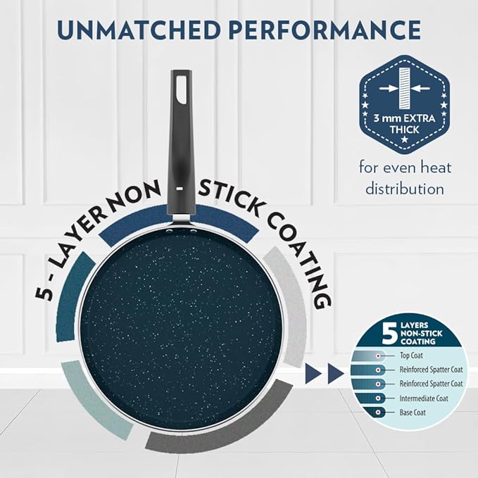 Borosil ProChef Non-Stick Aluminum Flat Tawa 28 cm | Gas Stove Compatible, Thick Uniform Body for Even Heating, Dishwasher Safe | 5 Layer Nonstick Coating