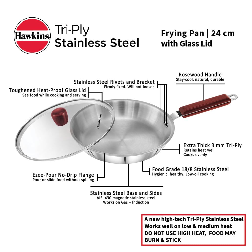 Hawkins 24 cm Frying Pan Triply Stainless Steel Fry Pan with Glass Lid