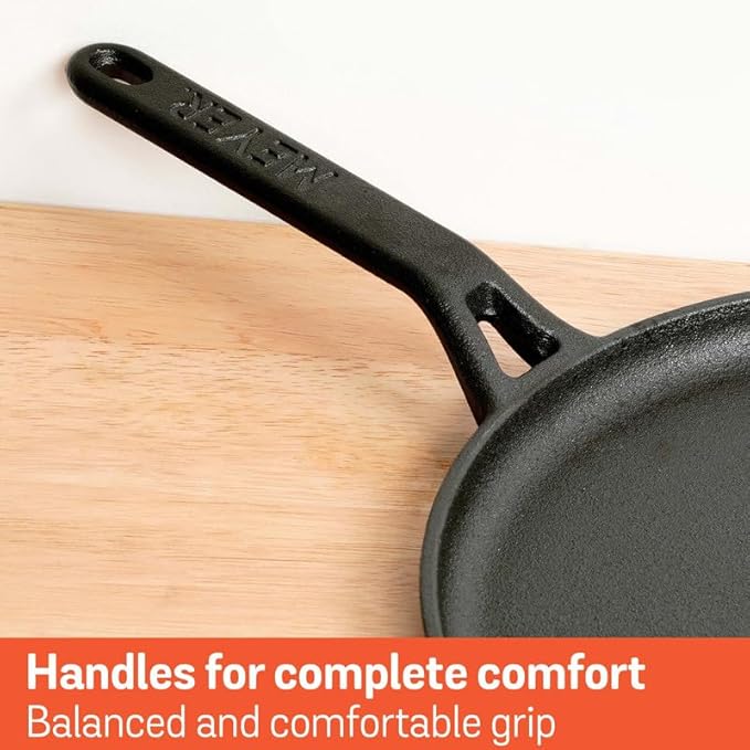 Meyer Pre-Seasoned Cast Iron Roti Tawa Pan with Stick Handle | 24cm Black