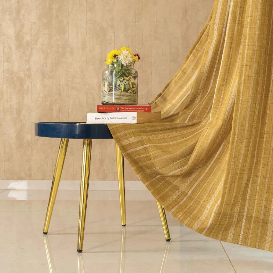 Urban Space Striped Aari Collection Weaved Sheer Curtains for Window 5 feet Long Light Filtering Curtains with Eyelets and TieBack,Set of 2 Decorative Curtains Vertical Weaves Soft Brown