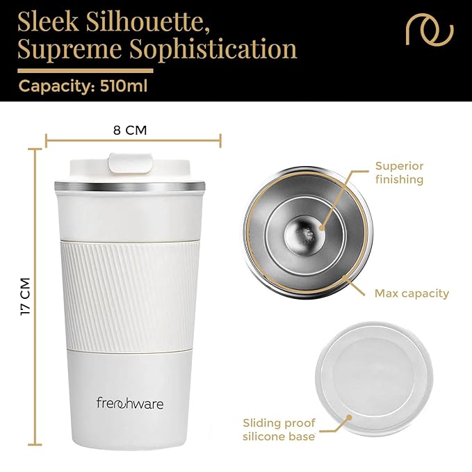 Frenchware Coffee Mug | 510 Ml | Tumbler, Flask for Tea Coffee, Insulated Coffee Mug | Coffee Mug With Leakproof Lid | White