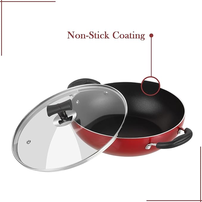 Vinod Popular Non Stick Kadai with Glass Lid 2 litres Capacity (22 cm Diameter), with Sturdy Riveted and Virgin Bakelite Handle