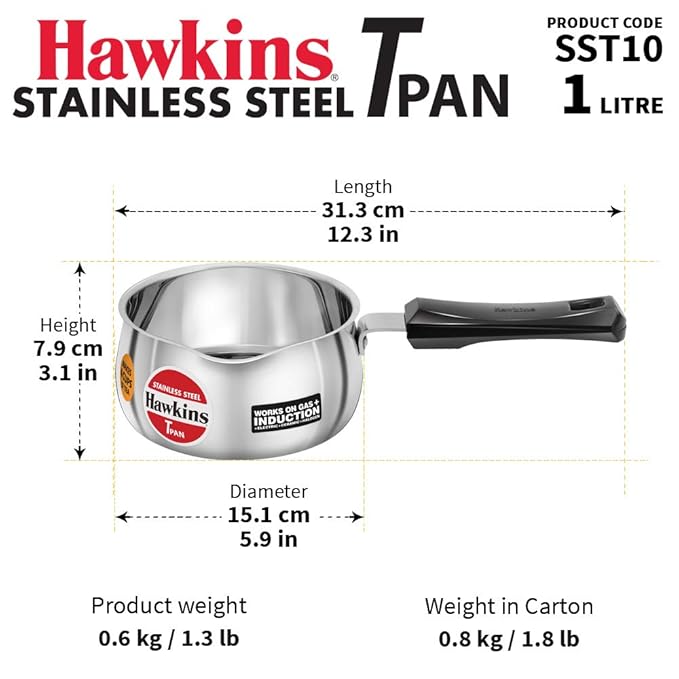 Hawkins 1 Litre Tpan Stainless Steel Tea Pan Induction Sauce Pan Chai Pan