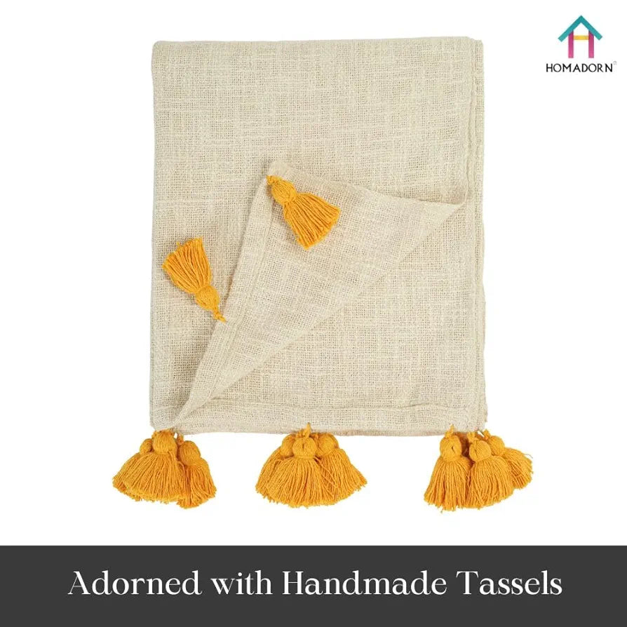 Homadorn 100% Cotton Off White Throw 300 TC Blanket with Handmade Colorful Tassel Colour Mustard